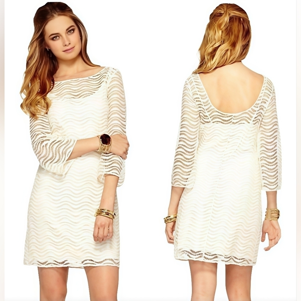 Lilly Pulitzer NWT Topanga Wavy Lace Mini Dress 3/4 Sleeves In Cameo White Sz XS